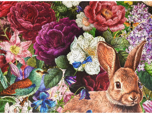 A closeup of the front of the puzzle, Floral Frolic, showing the detail in the pieces.