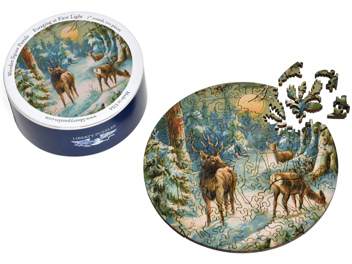 The puzzle, Foraging at First Light, with the box that it goes in.