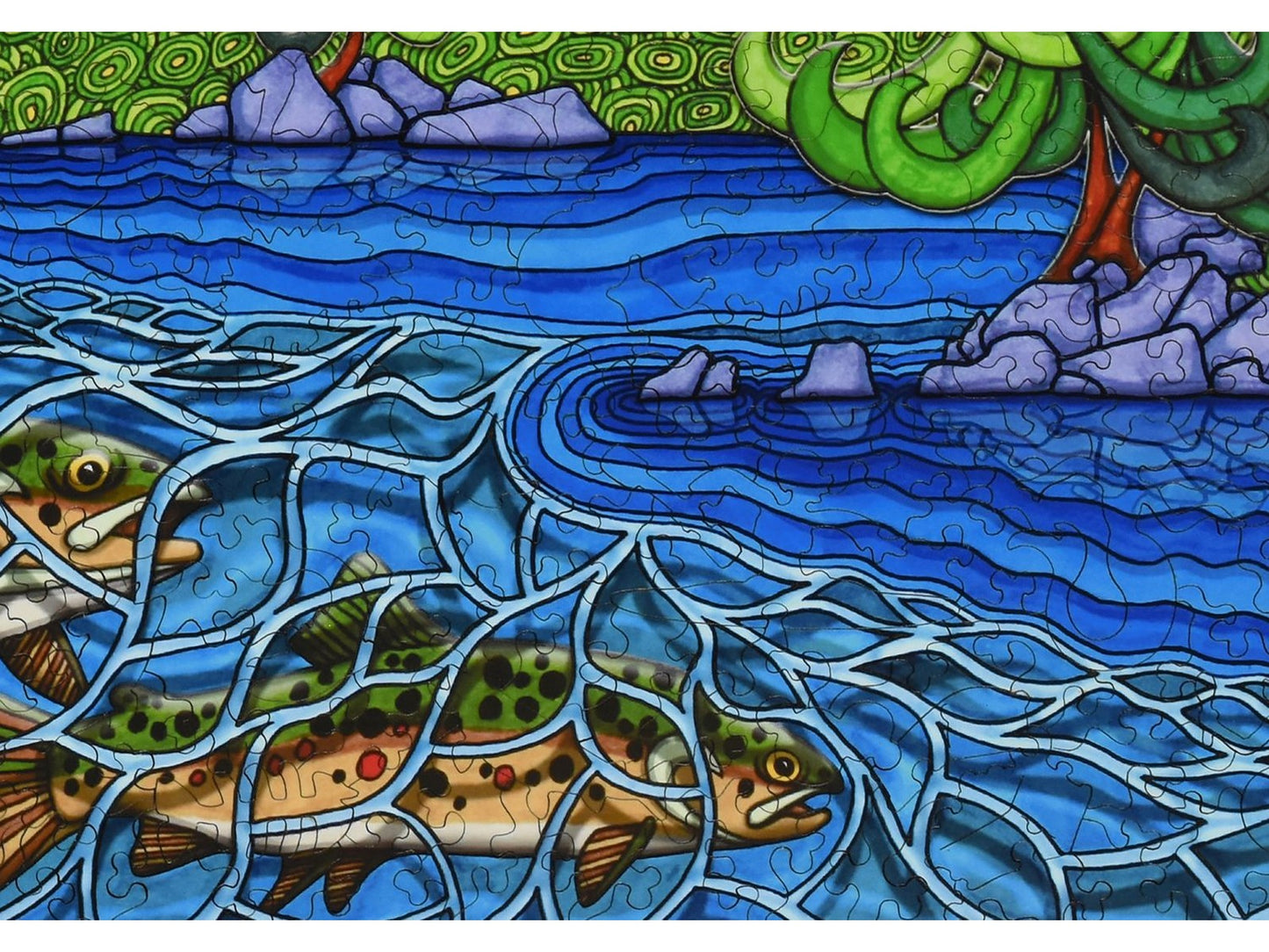 A closeup of the front of the puzzle, forest lakes.