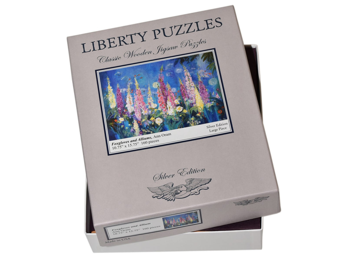 The puzzle, Foxgloves and Alliums and the box that it comes in.