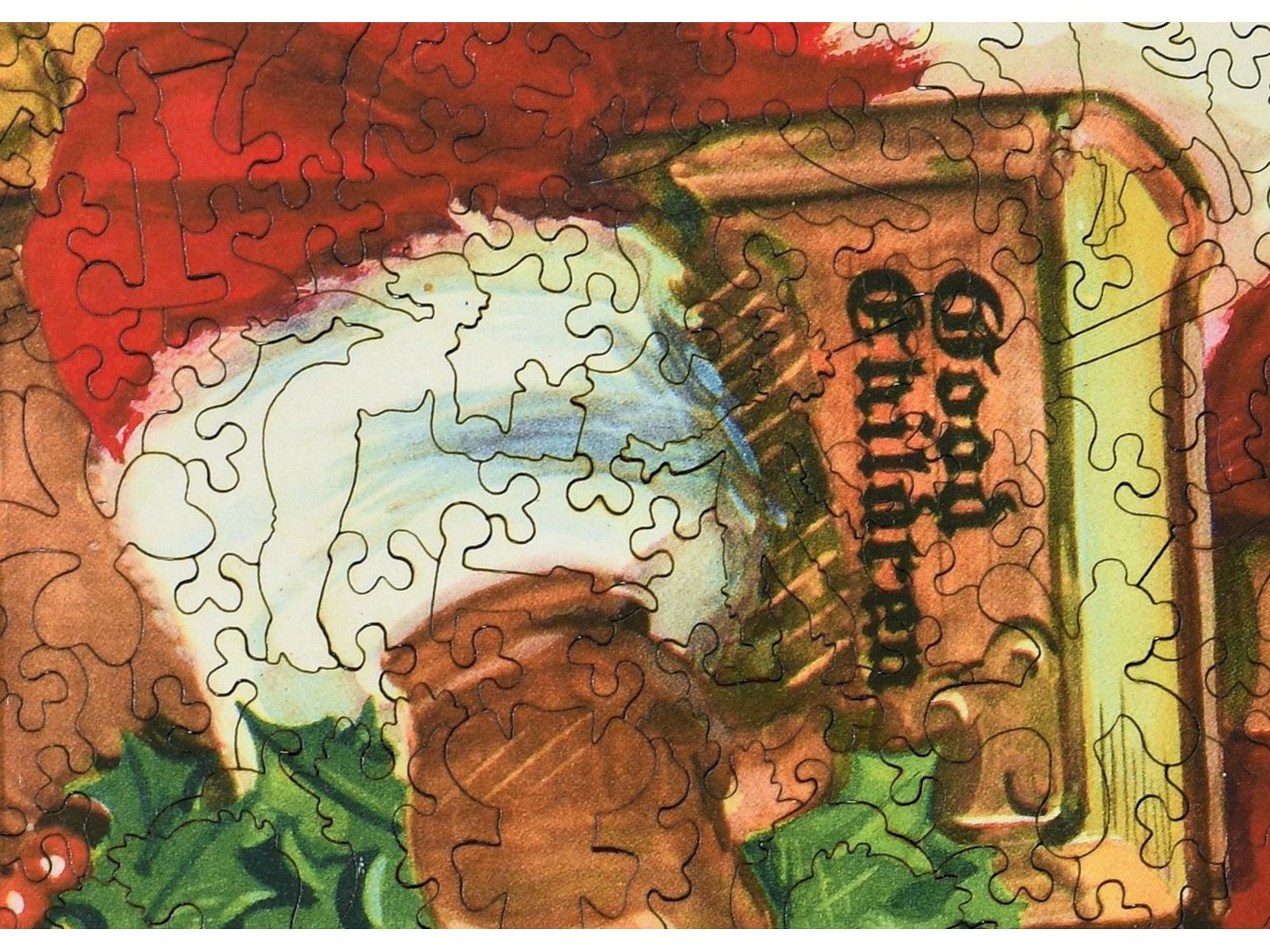 A closeup of the front of the puzzle, Gifts for Good Children, showing the detail in the pieces.
