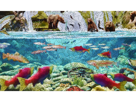 A closeup of the front of the puzzle, Gold Creek, showing the detail in the pieces.