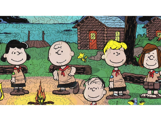 A closeup of the front of the puzzle, Happy Campers, showing the detail in the pieces.