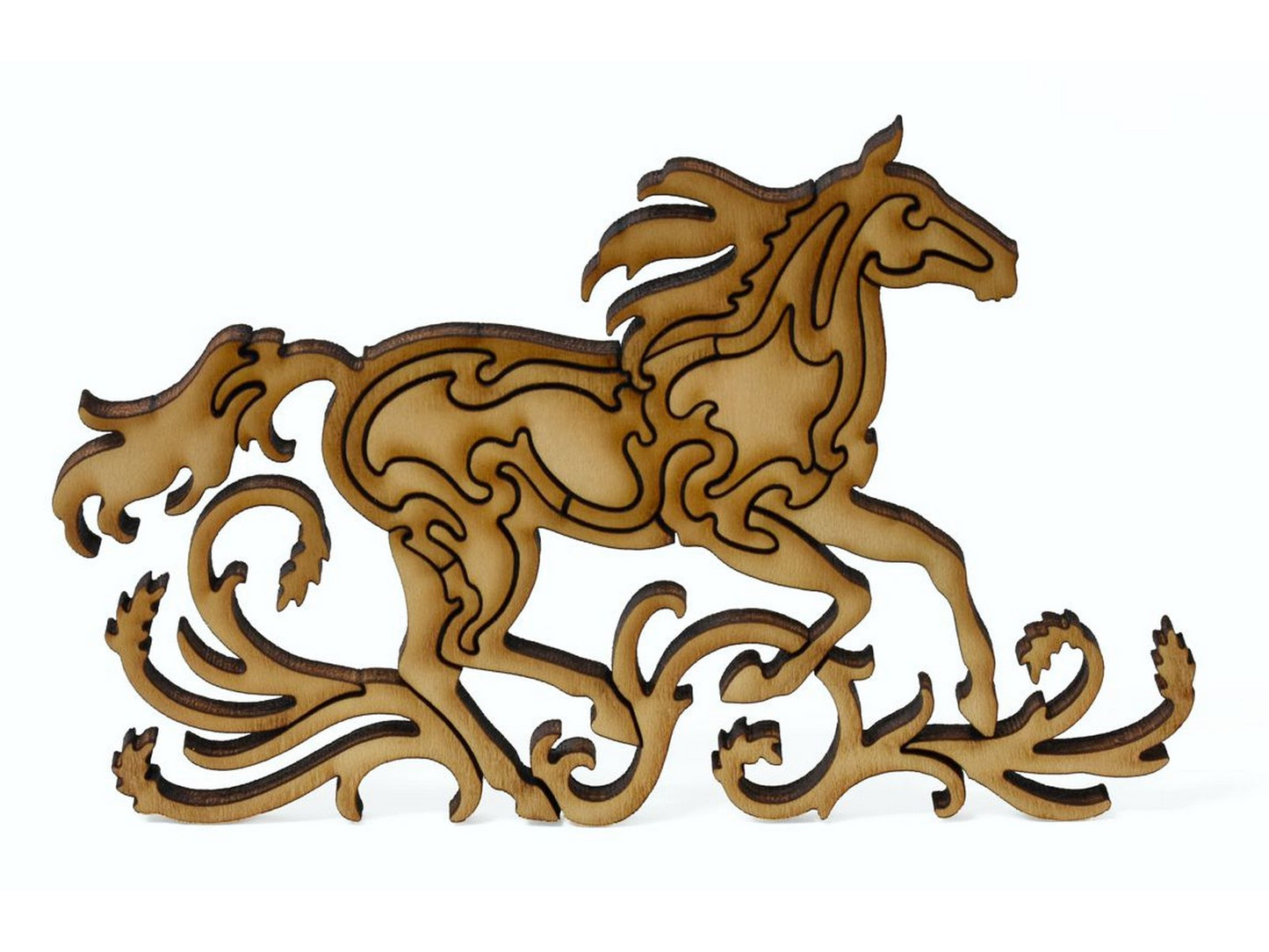 A closeup of pieces showing a multi-piece horse.