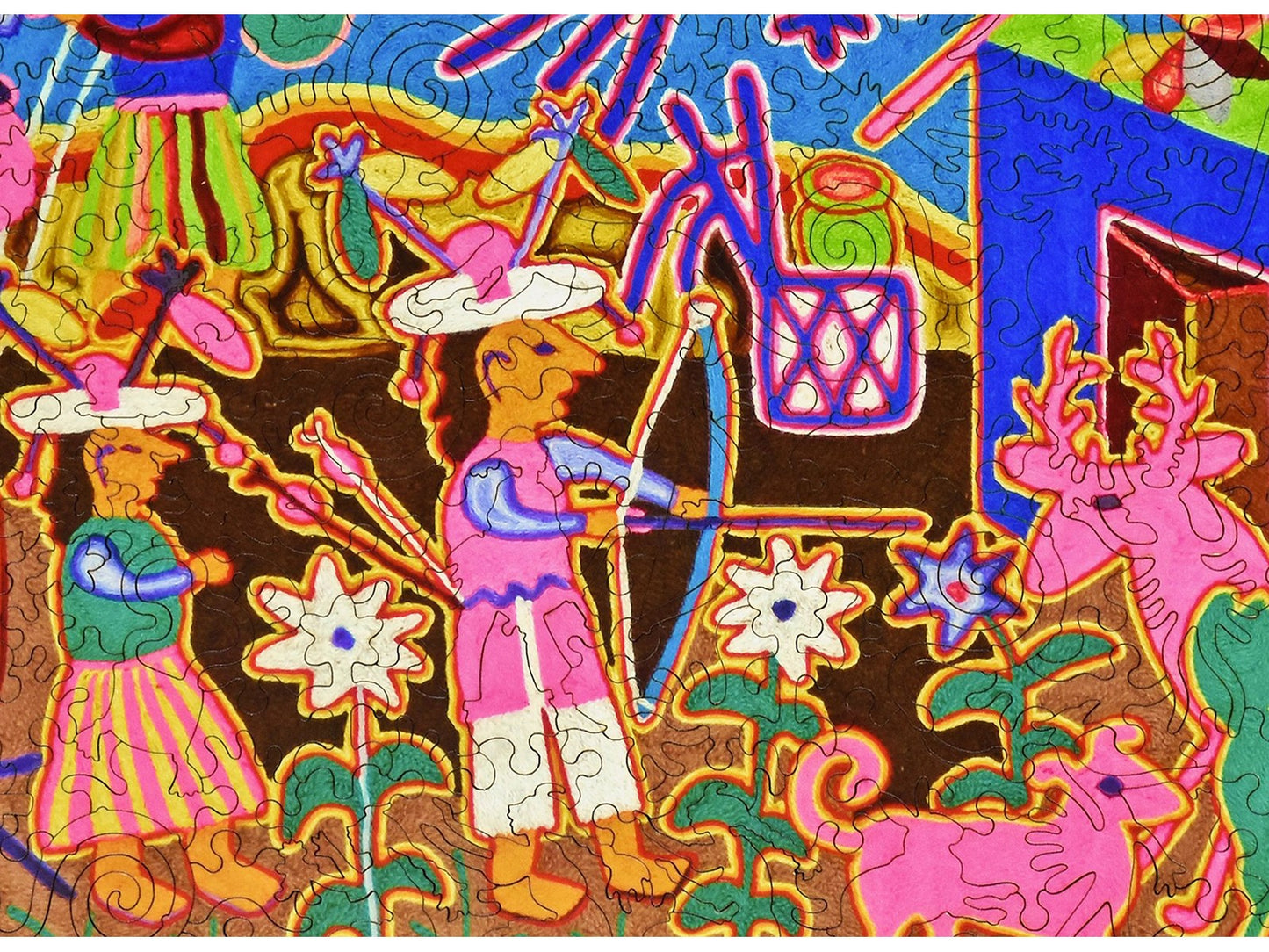A closeup of the front of the puzzle, Huichol Culture, showing the detail in the pieces.
