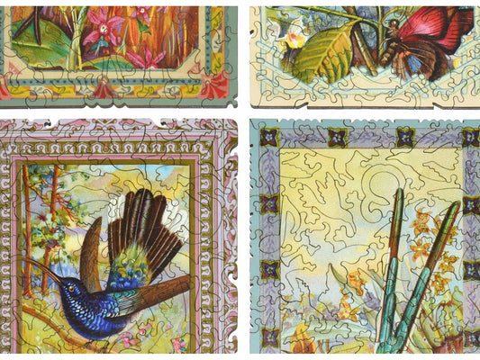 A closeup of the front of the puzzle, Hummingbird Collection, showing the detail in the pieces.