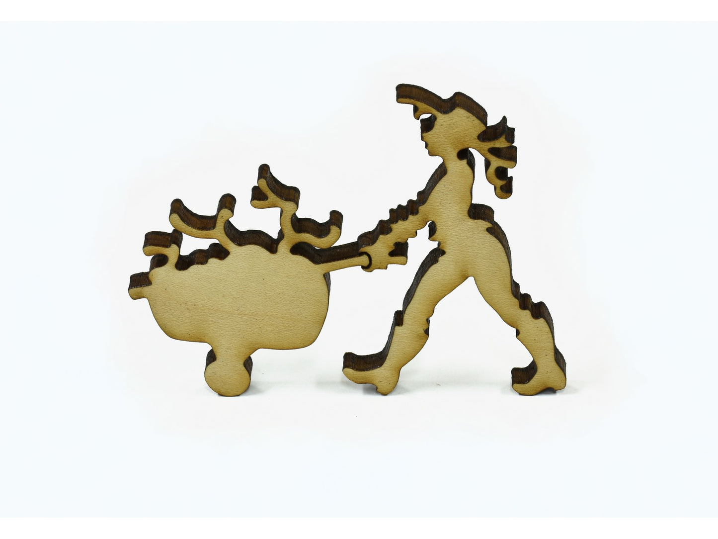 A closeup of pieces in the shape of a person and a wheelbarrow.