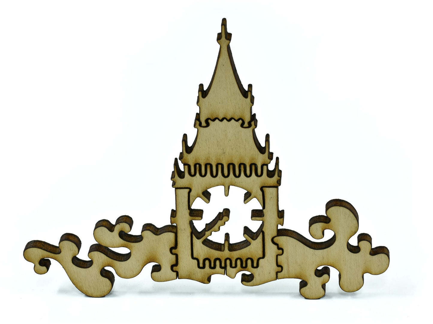 A closeup of pieces in the shape of the clock tower big ben.