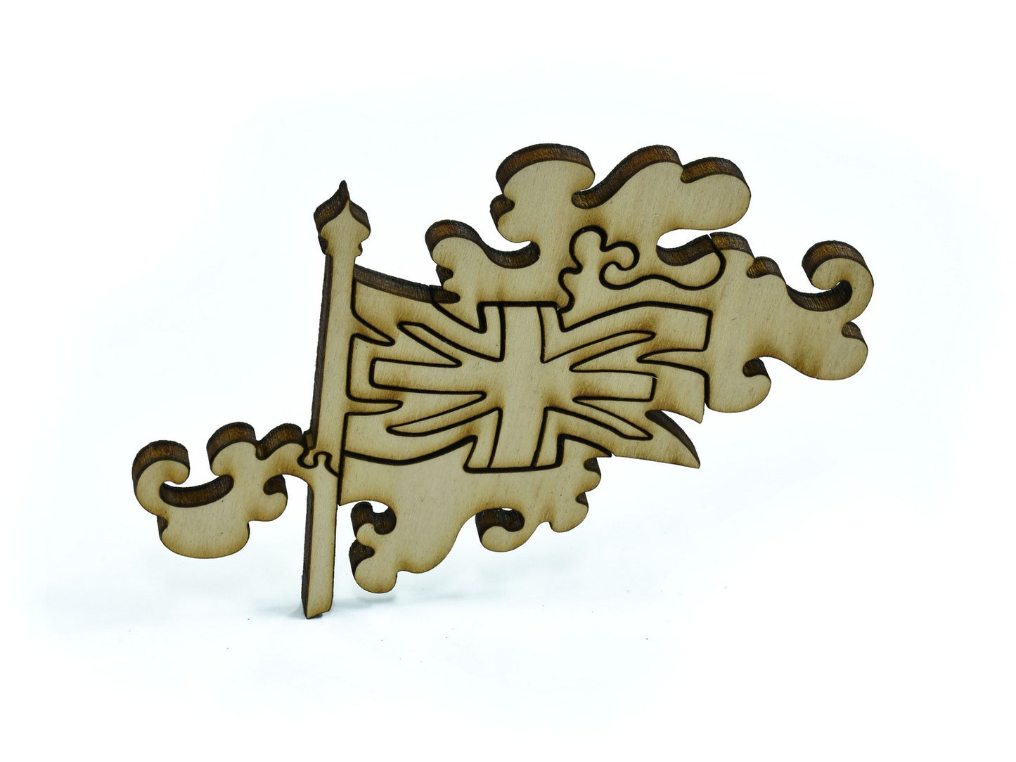 A closeup of pieces in the shape of the British flag.