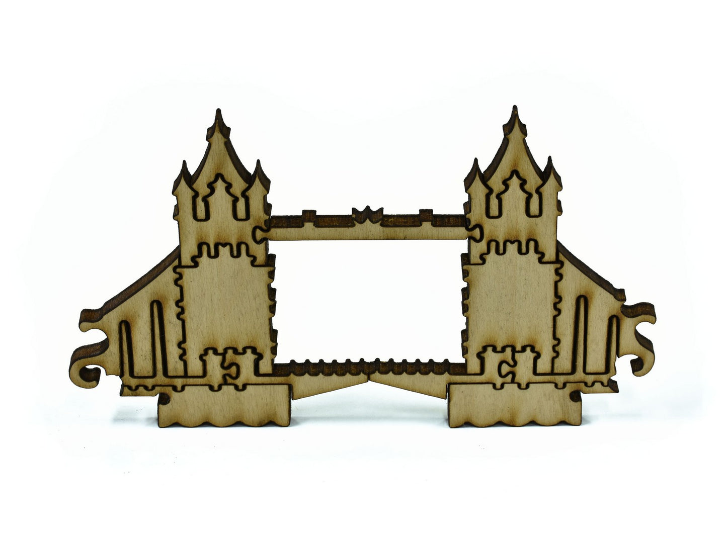 A closeup of pieces in the shape of London bridge.