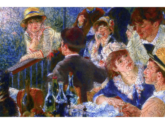 A closeup of the front of the puzzle, Luncheon of the Boating Party, showing the detail in the pieces.