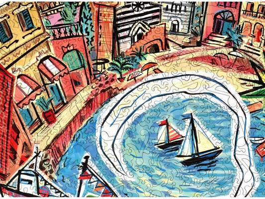 A closeup of the front of the puzzle, Mediterranean Sea, showing the detail in the pieces.