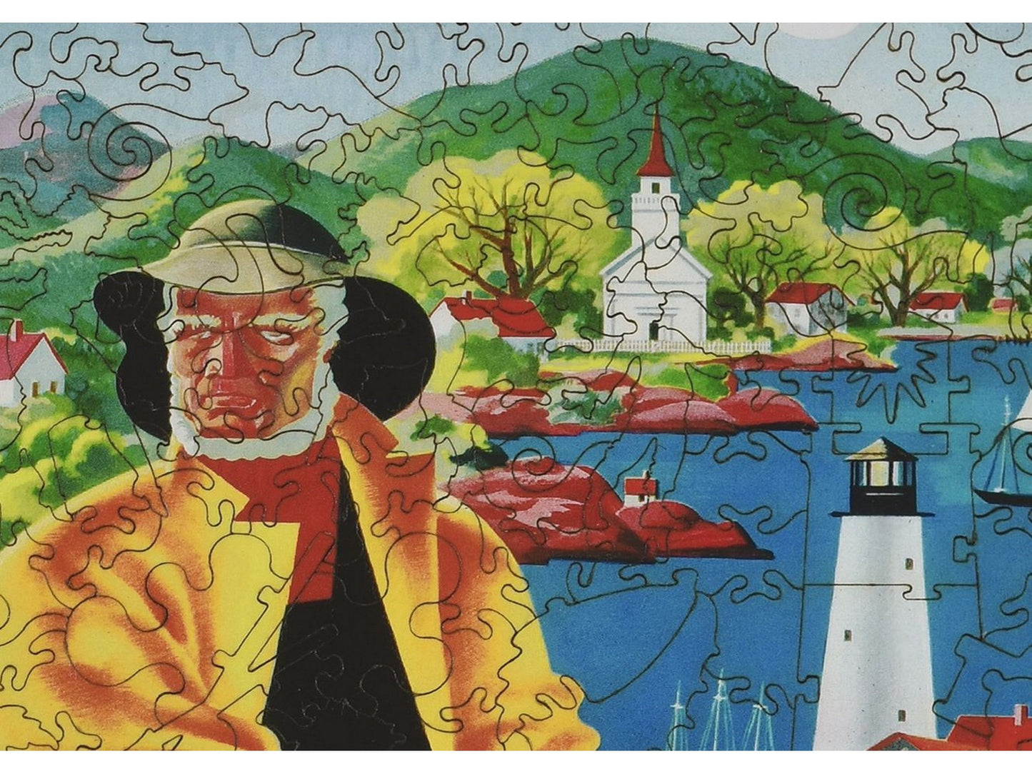 A closeup of the front of the puzzle, New England United Airlines, showing the detail in the pieces.