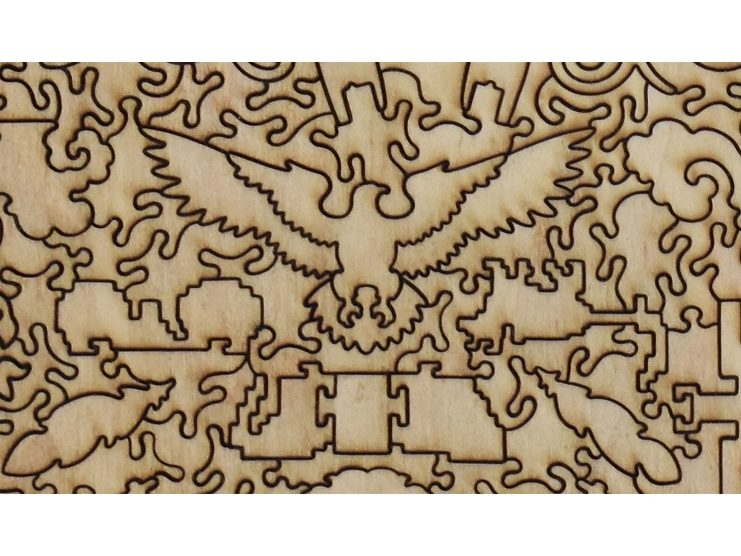 A closeup of the back of the puzzle, The Oregon Trail, showing the detail in the pieces.