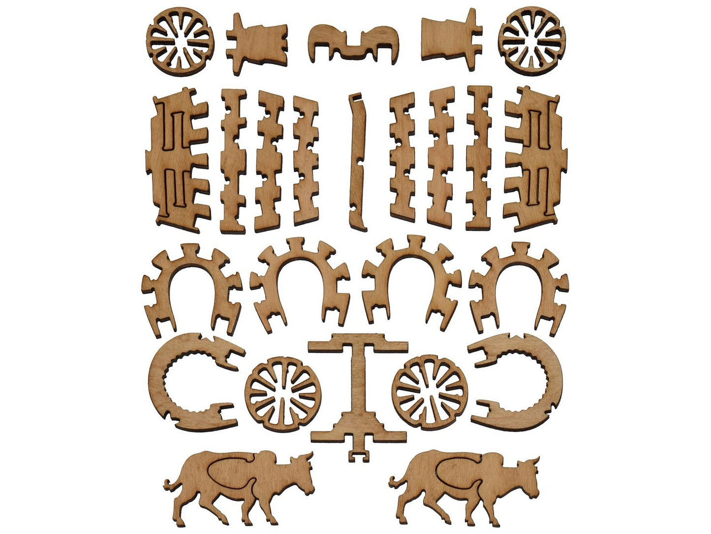 The pieces that can be used to make a three dimensional wagon.