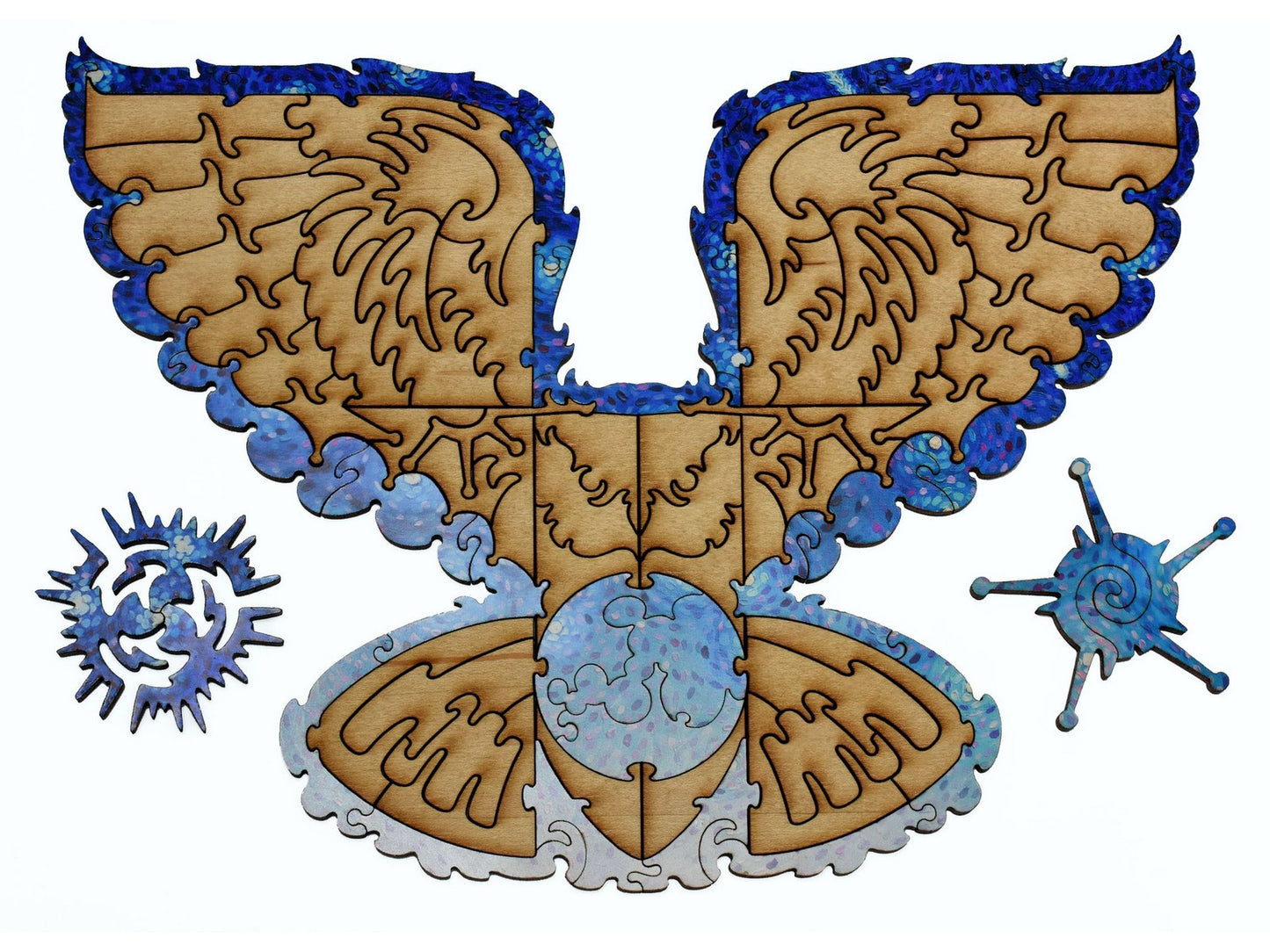 A closeup of pieces showing a multi-piece owl.