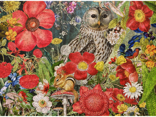 The front of the puzzle, Owl Woodland Flower, which shows and owl and a chipmunk in a flowering forest.