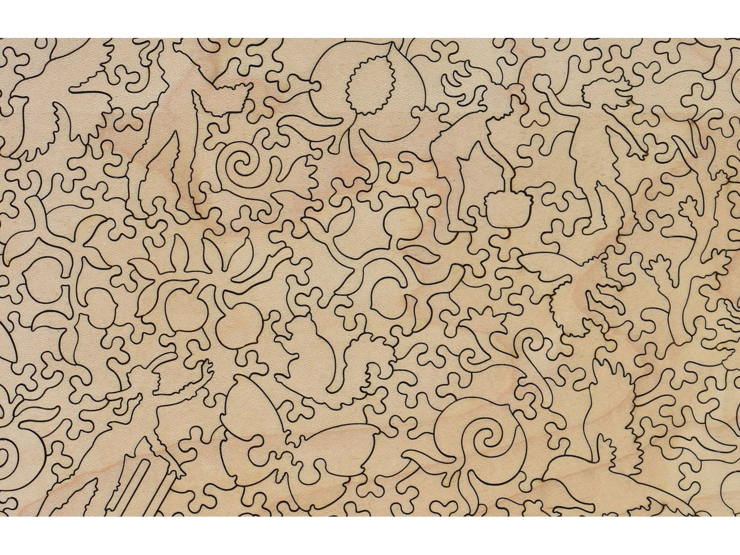 A closeup of the back of the puzzle, Palisade Peach Basket, showing the detail in the pieces.