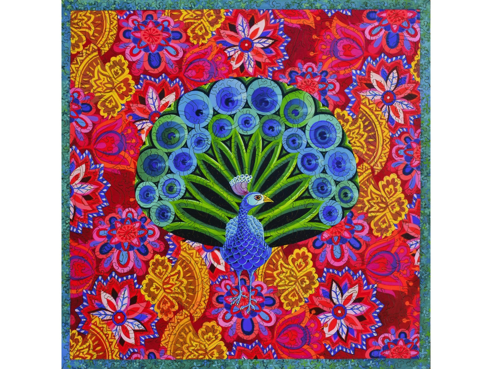 The front of the puzzle, Peacock and Pattern, which shows a peacock surrounded by brightly colored flowers.