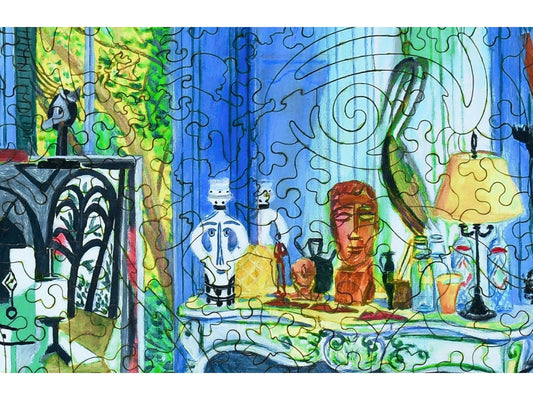 A closeup of the front of the puzzle, Picasso's Studio, showing the detail in the pieces.