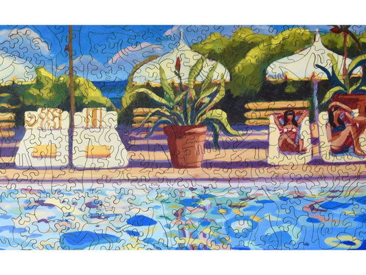 A closeup of the front of the puzzle, Pool Patterns, showing the detail in the pieces.