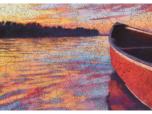 A closeup of the front of the puzzle, Red Canoe, showing the detail in the pieces.