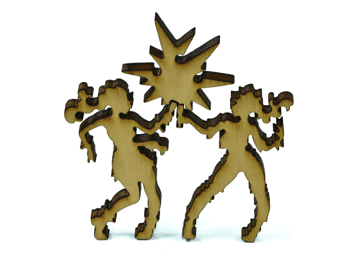 A closeup of pieces in the shape of two people clinking their glasses together.