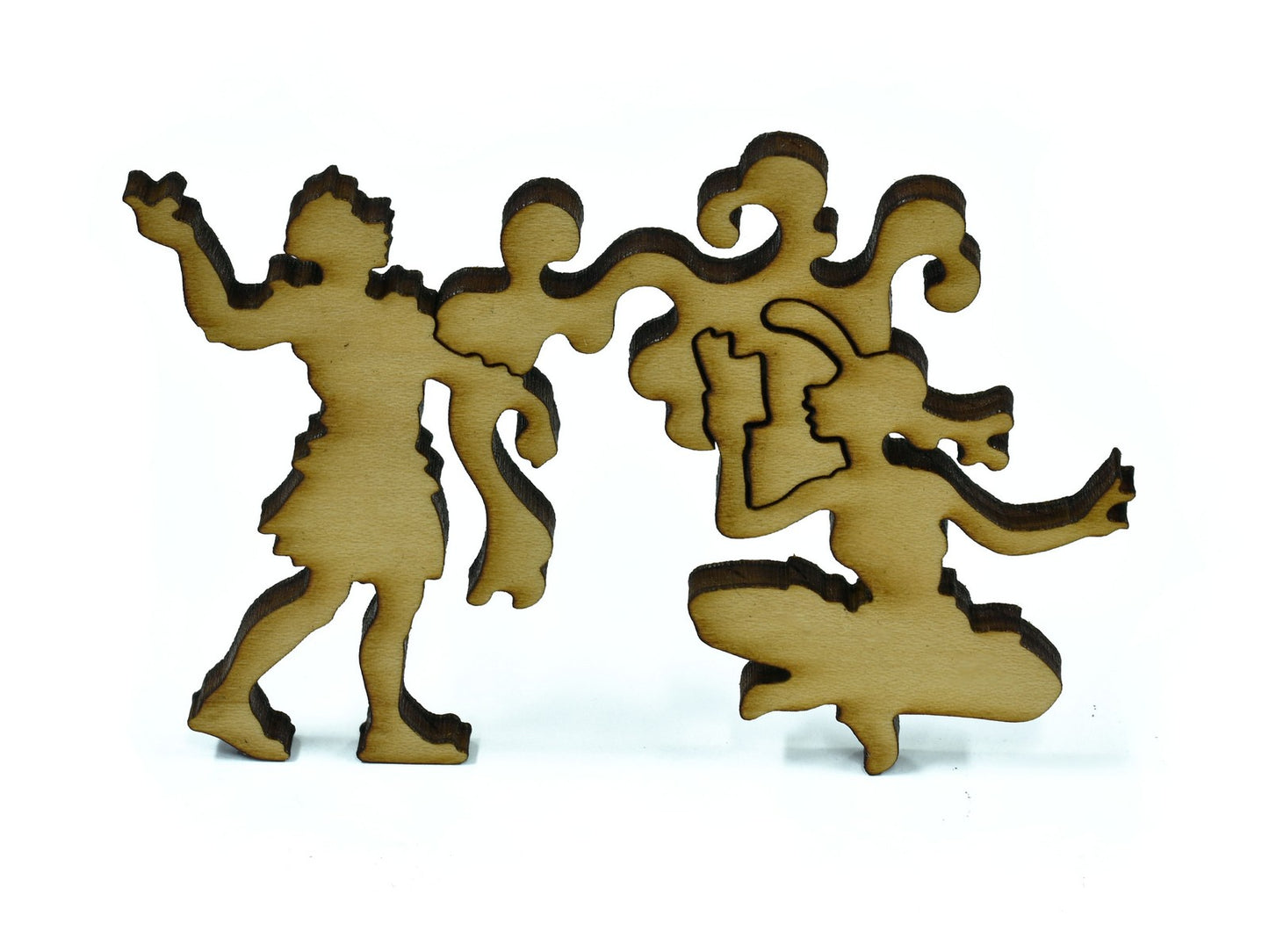 A closeup of pieces in the shape of a woman reading a book.