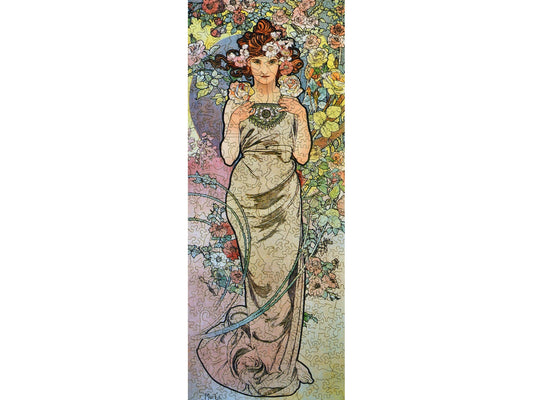 The front of the puzzle, Rose Mucha, which shows a woman surrounded by roses.