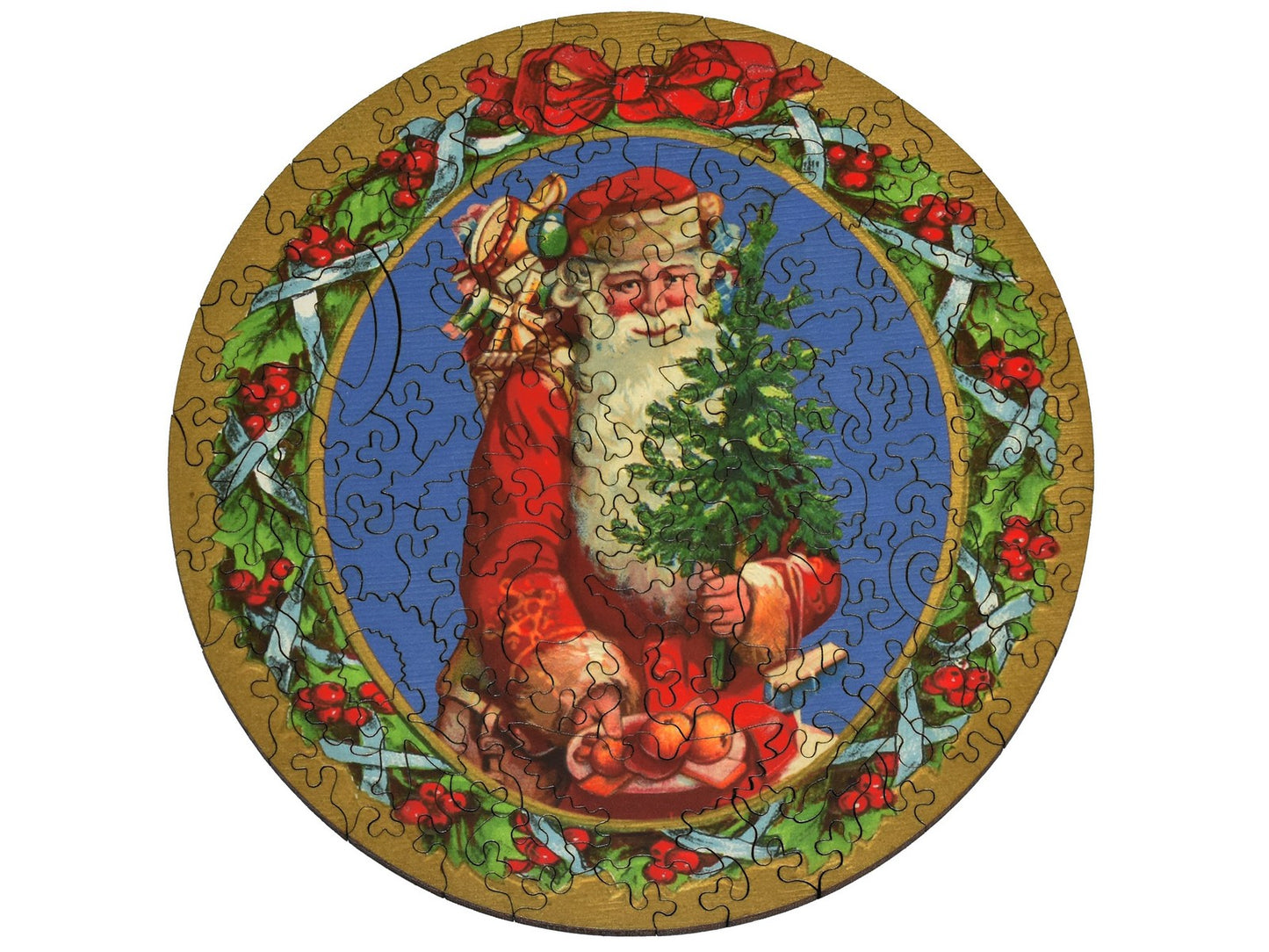 The front of the puzzle Santa's Treats, which shows Santa Claus holding a plate of treats and a small Christmas tree, with a decorative border.