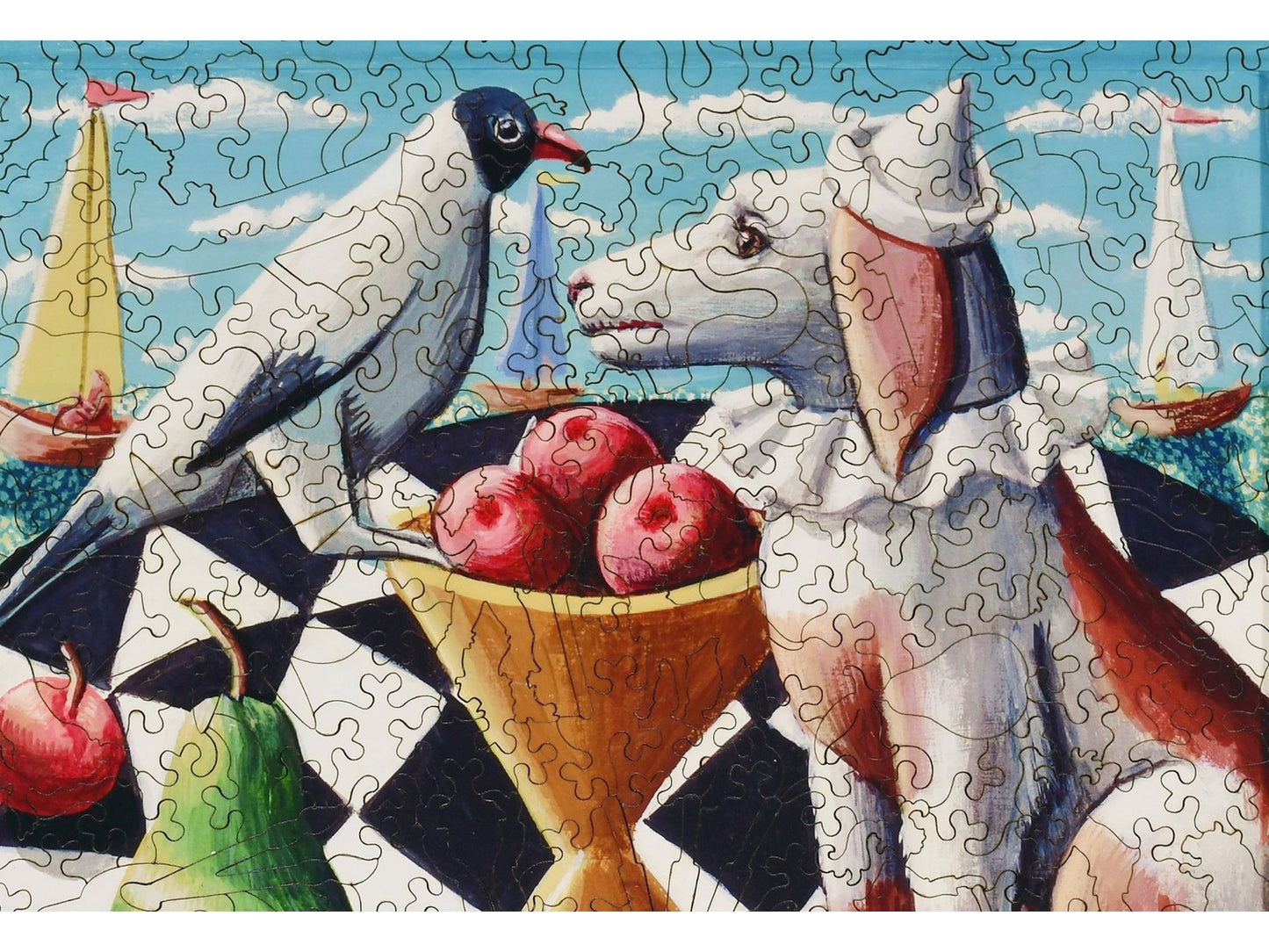 A closeup of the front of the puzzle, Sea Dog, showing the detail in the pieces.