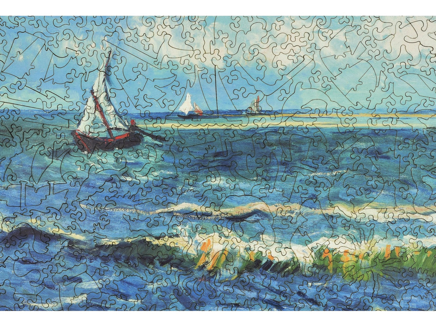 A closeup of the front of the puzzle, Seascape near Les Saintes Maries de la Mer, showing the detail in the pieces.