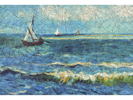 A closeup of the front of the puzzle, Seascape near Les Saintes Maries de la Mer, showing the detail in the pieces.