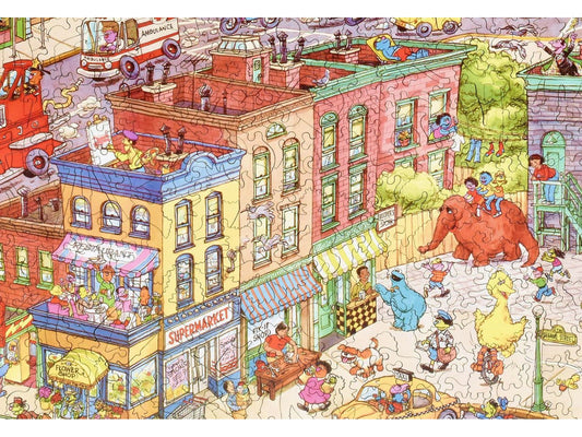 A closeup of the front of the puzzle, Sesame Street in the City, showing the detail in the pieces.