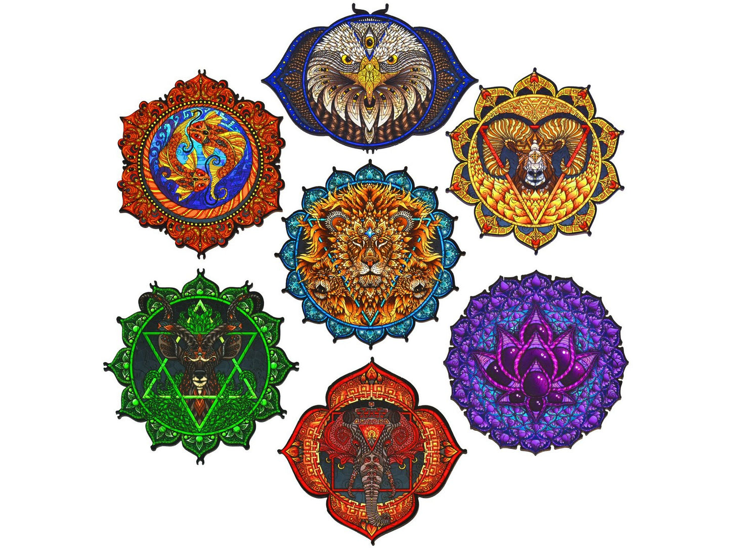 The front of the puzzle, Seven Chakras, with all seven small puzzles that go together in the box.