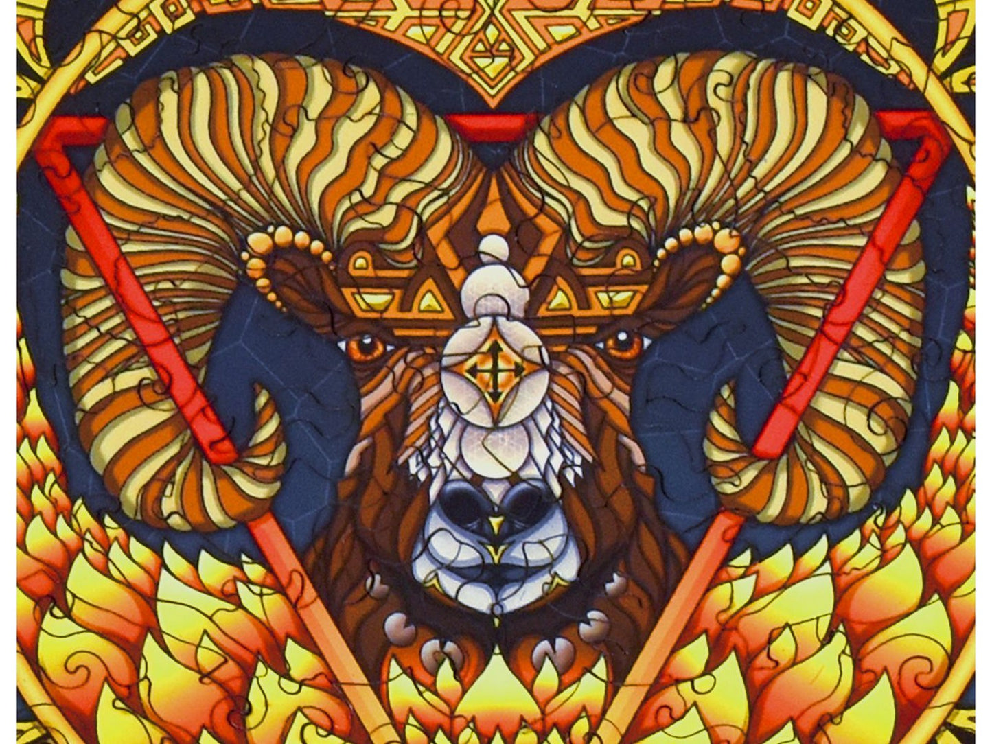 A closeup of the front of the puzzle, Seven Chakras, showing the detail in the pieces of the Ram.