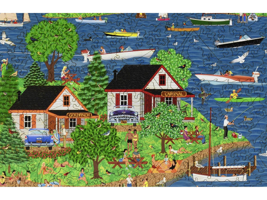 A closeup of the front of the puzzle, Summer at the Lake, showing the detail in the pieces.