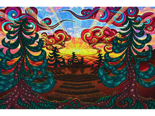 The front of the puzzle, Sunrise Circle, which shows an amphitheater in the mountains at sunrise.