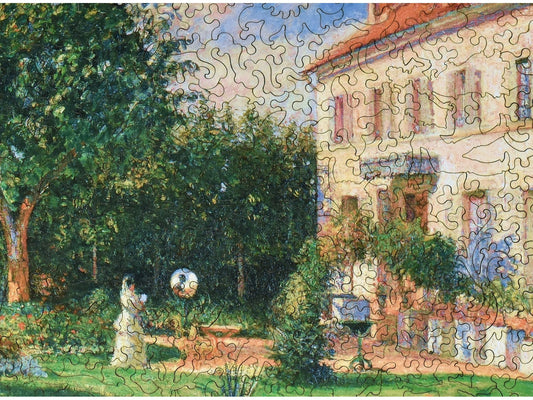 A closeup of the front of the puzzle, The Garden of Les Mathurins, showing the detail in the pieces.