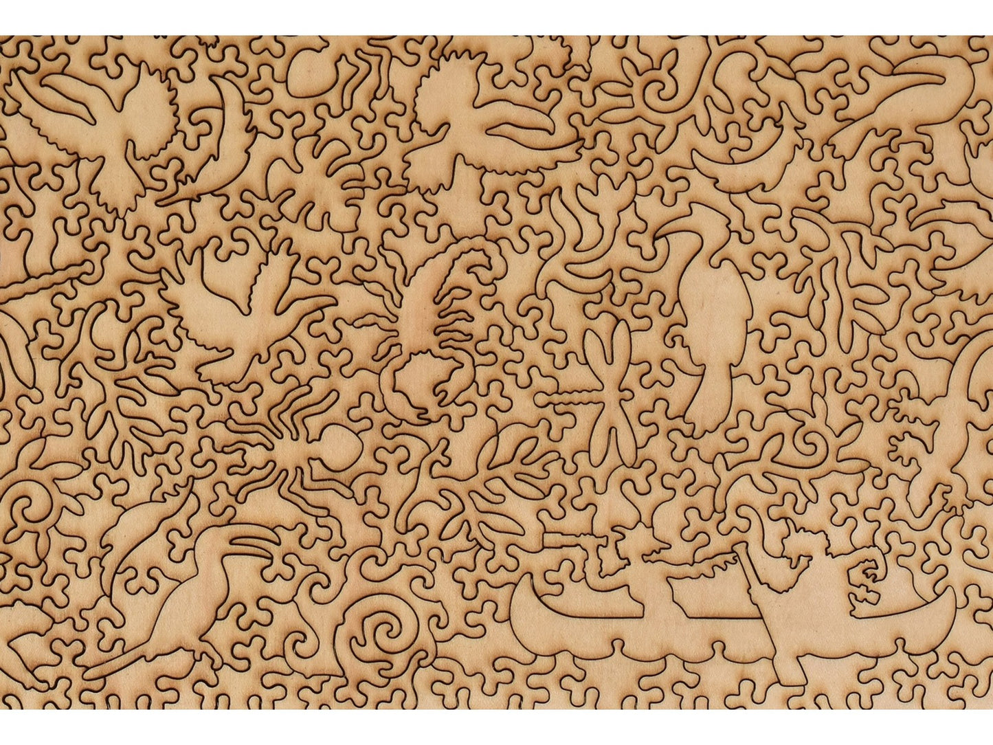 A closeup of the back of the puzzle, Toucans and Hornbills, showing the detail in the pieces.