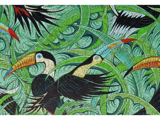 A closeup of the front of the puzzle, Toucans and Hornbills, showing the detail in the pieces.