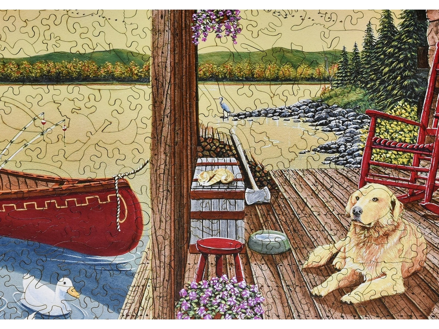 A closeup of the front of the puzzle, Welcome to the Cabin, showing the detail in the pieces.