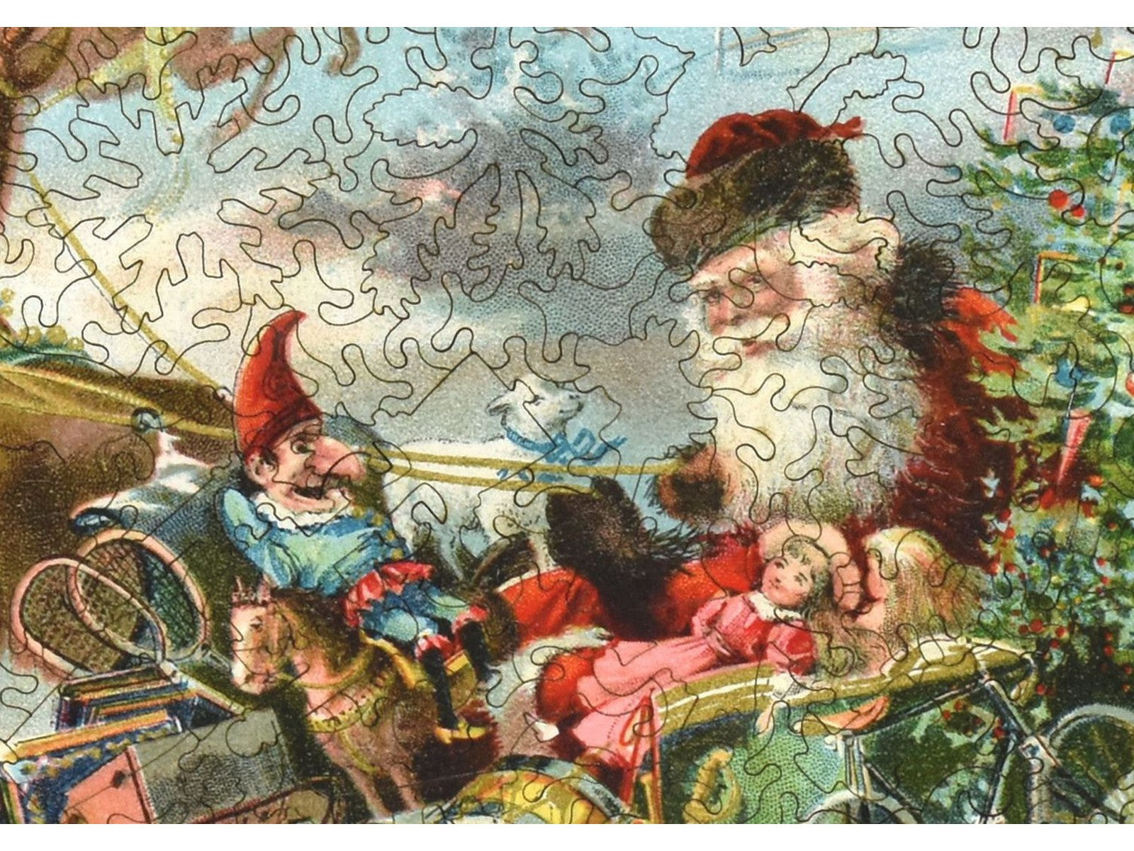 A closeup of the front of the puzzle, What Santa Claus Brings.
