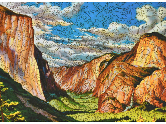 A closeup of the front of the puzzle, Yosemite United Airlines, showing the detail in the pieces.