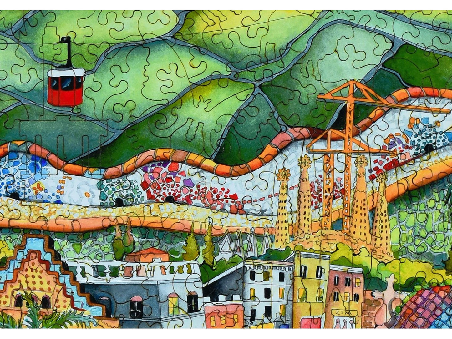 A closeup of the front of the puzzle, Barcelona, showing the detail in the pieces.