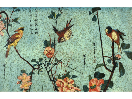 The front of the puzzle, Birds and Camellia Bushes in Flower, which shows a Japanese style woodblock print of three birds on flower branches.