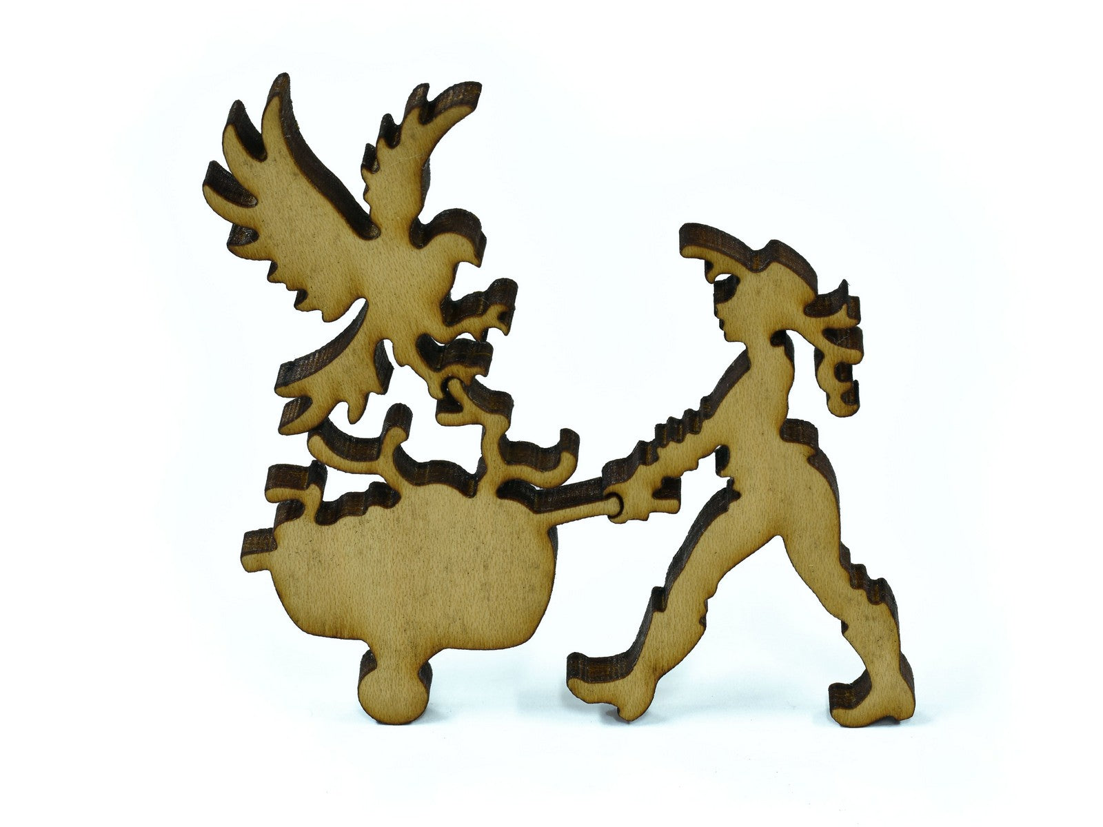 A closeup of pieces in the shape of a person with a wheelbarrow and a bird.