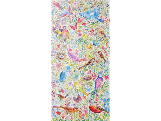 The front of the puzzle, Birds, Flowers and Eggs, which shows birds and flowers in pastel colors.