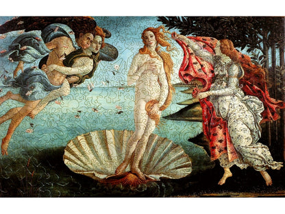 The front of the puzzle, Birth of Venus, which shows a classical painting of a nude woman in a large seashell, surrounded by several other people.