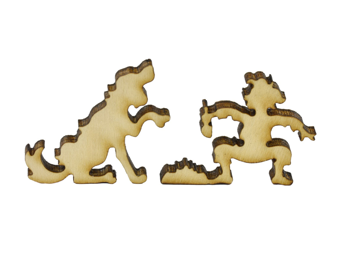 A closeup of pieces in the shape of boy and a dog.